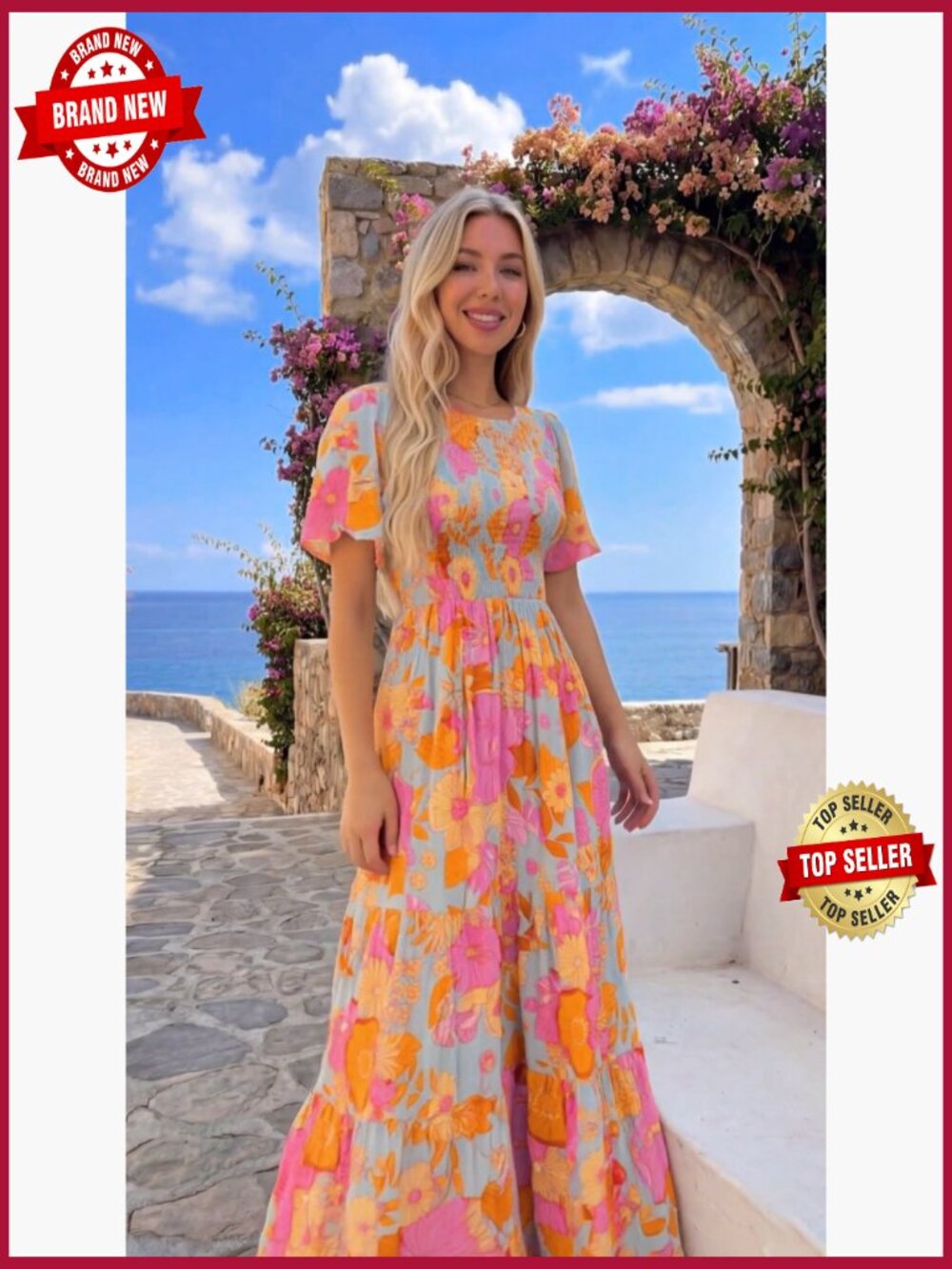 Boho Floral Maxi Dress Flutter Sleeve Smocked Tiered Flowy - Picture 7 of 7